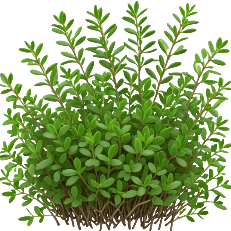 Cinematic Realistic Thyme Emoji, Compact and earthy, with tiny green leaves densely packed on delicate stems. The soft fragrance of the leaves fills the air, creating an atmosphere of warmth and subtle richness. Soft glowing outline, capturing the essence of simplicity and natural healing in a sprig of thyme! emoji