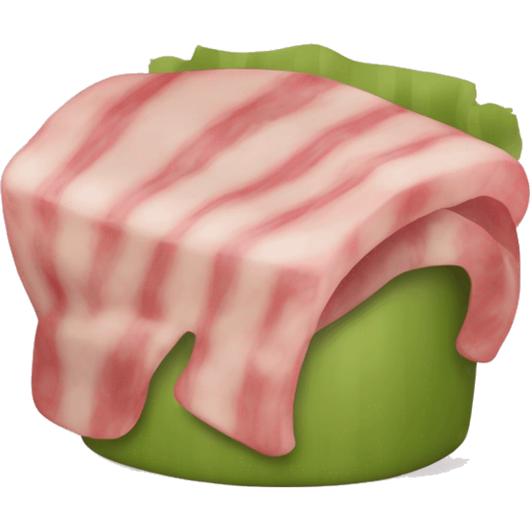 Émoji de lardon : une tranche de lard rose avec des bandes de gras blanc, légèrement incurvée, aspect juteux et appétissant, reconnaissable en petit format." emoji