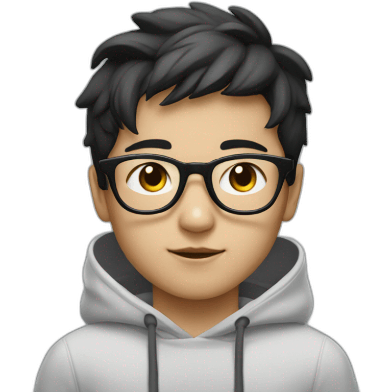 young boy with korean style black hair / grey hoody / white glasses / white glasses emoji