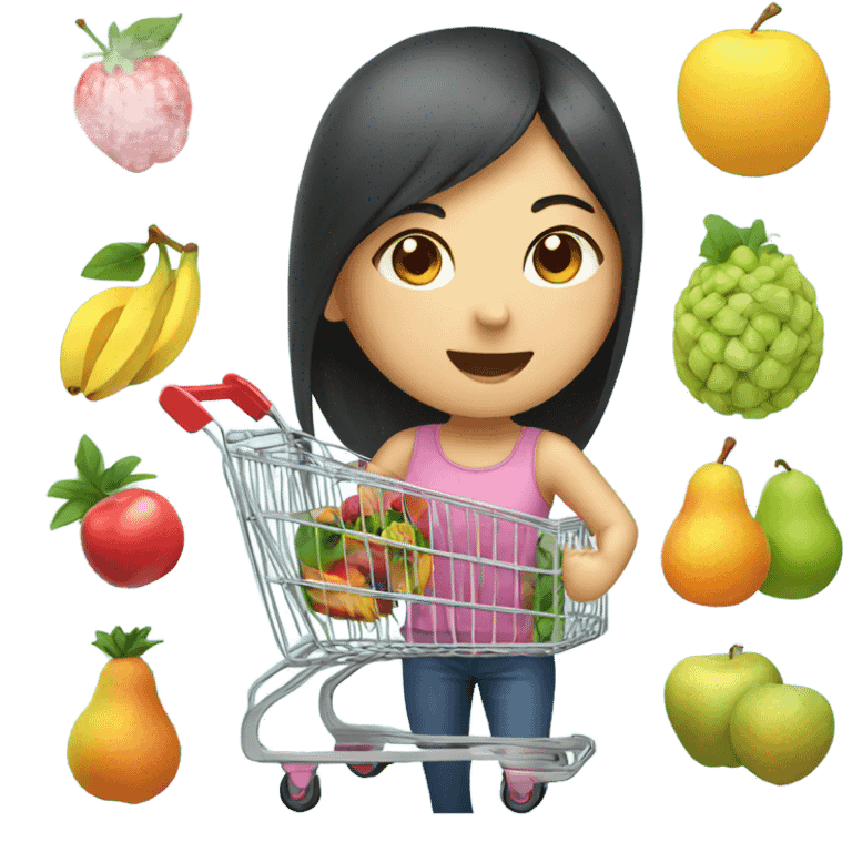 Asian girl with shopping cart full of fruits emoji