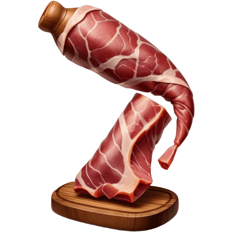 ​Cinematic Realistic Spanish Jamón Leg, depicted as a massive, cured leg of Jamón serrano with a deep reddish-brown hue, intricately marbled and slightly glossy with age, elegantly displayed on a rustic wooden stand and bathed in warm, soft lighting that accentuates its artisanal heritage, emoji