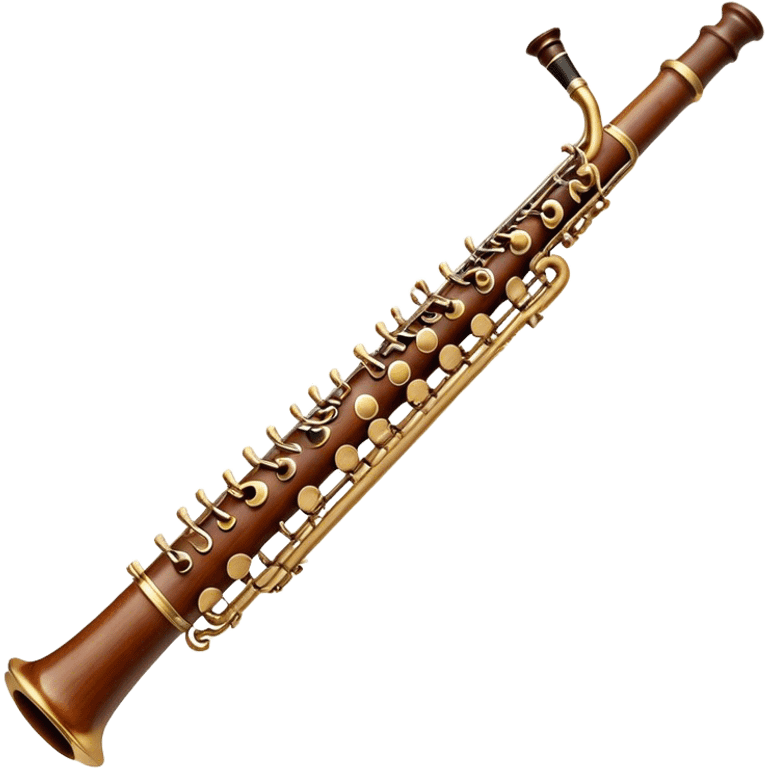 Create a detailed and elegant emoji representing an oboe. The design should feature the slender, cylindrical body of the oboe, with intricate keywork visible along its length. The top should showcase the small, delicate reed typical of the instrument. Use rich wooden tones, with accents of silver or brass on the keys to reflect the high-quality craftsmanship of the oboe. Add subtle musical notes surrounding the instrument to symbolize its expressive, melodic sound. The background should be transparent. emoji