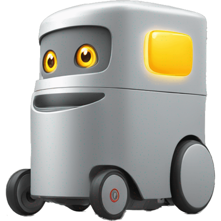 gray delivery robot with white circle led eyes and opening lid on 4 wheels with food emoji