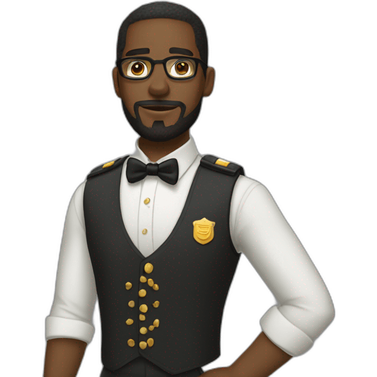 black soldier with beard, part in hair, white collared shirt, bow tie, gold glasses, bulletproof vest  emoji