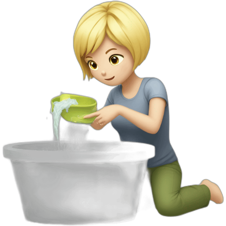 a blonde girl with short hair and a mask steals a basin with folded clothes emoji