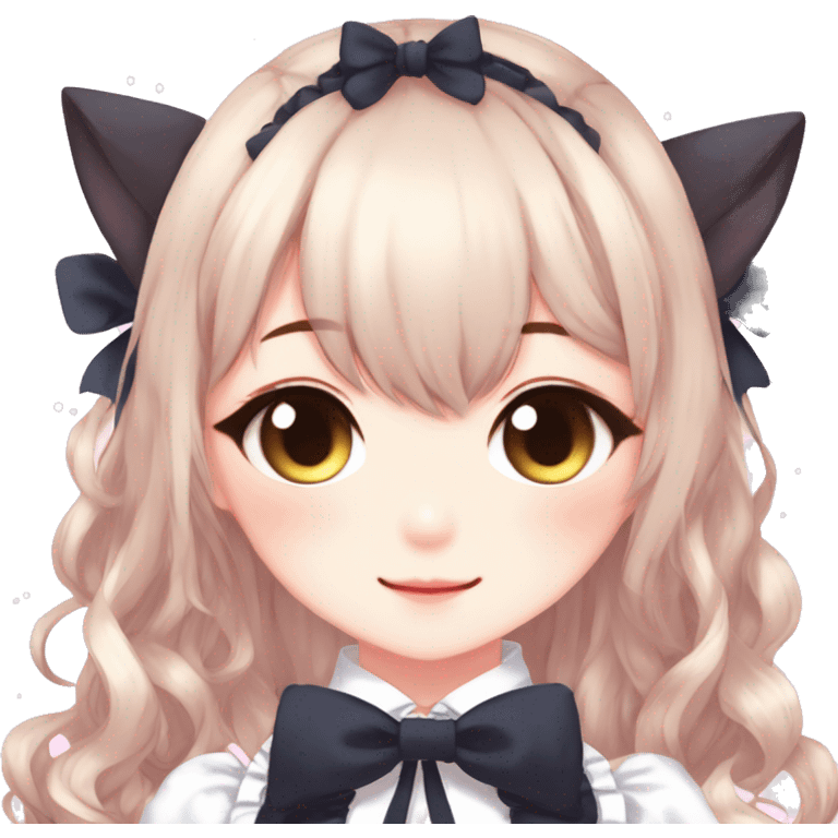 Gorgeous anime style catgirl with blushing face with maid outfit bow tie idol model kawaiicore pearly petite simplistic aesthetic trending style emoji