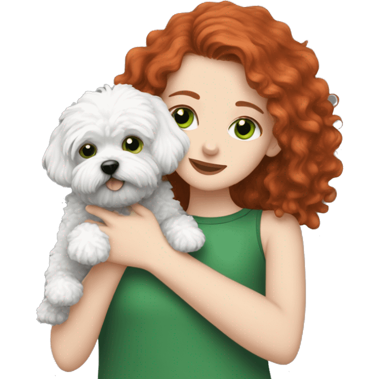 red haired girl with green eyes hugging her black and white Maltipoo dogs emoji