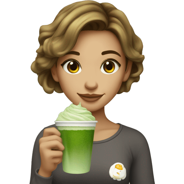 Beautiful girl with brawn hair holding cup of iced matcha  emoji