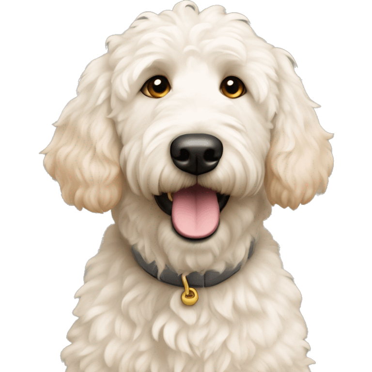 White golden doodle with apricot colored ears,  emoji