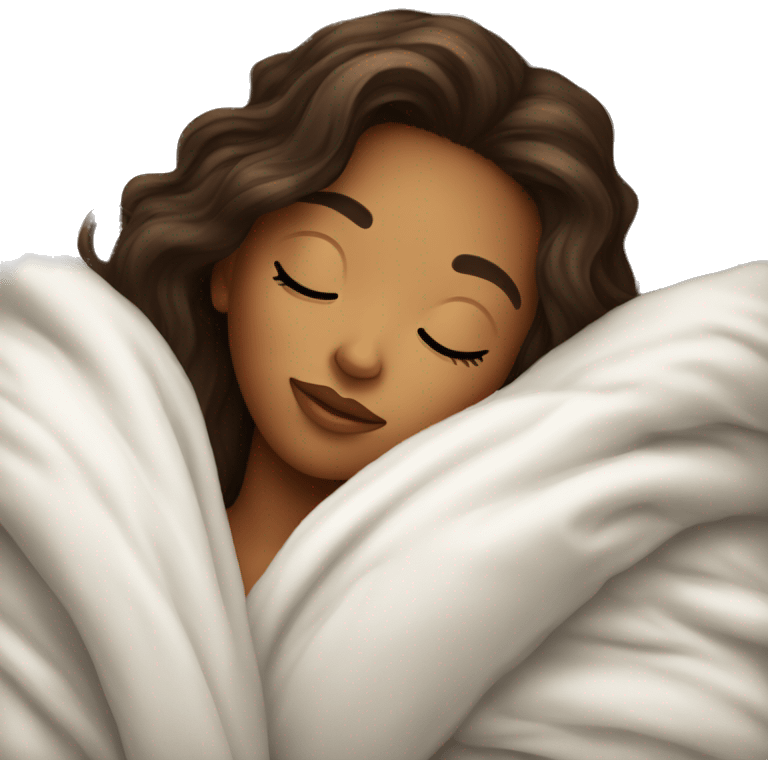 Brunette with highlights sleeping with white fluffy blanket emoji