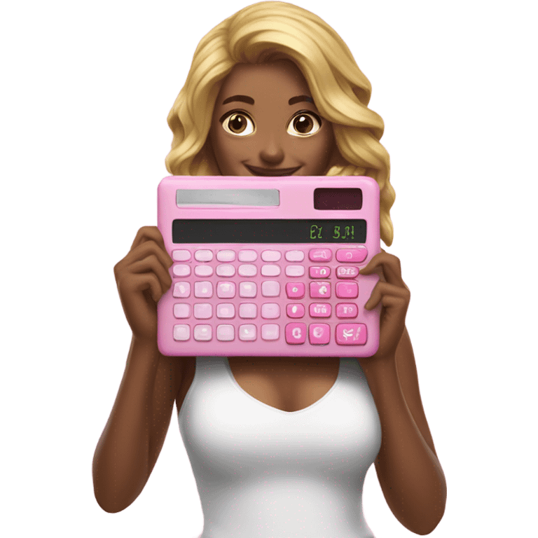 Hyper realistic model holding a pink calculator emoji