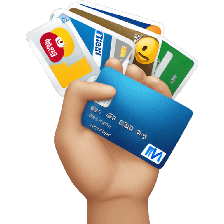 a hand holding 5 credit cards, emv chip, credit card, debit card, amex platinum, American express emoji