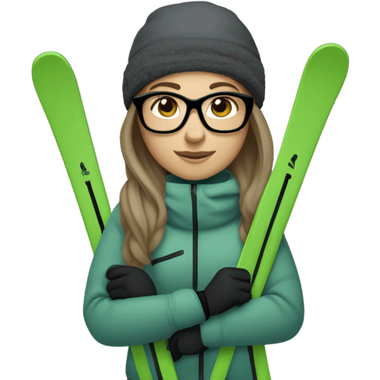 chubby female skier with long straight hair and green eyes, glasses, grey purple snow jacket, long black pants, black only snow boots and black skis emoji