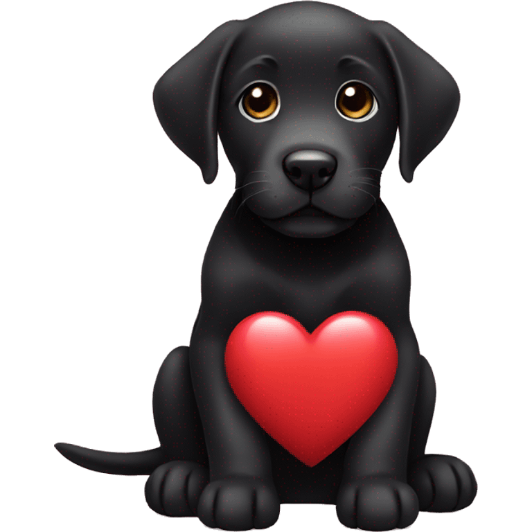 sitting black labrador puppy is holding a heart emoji