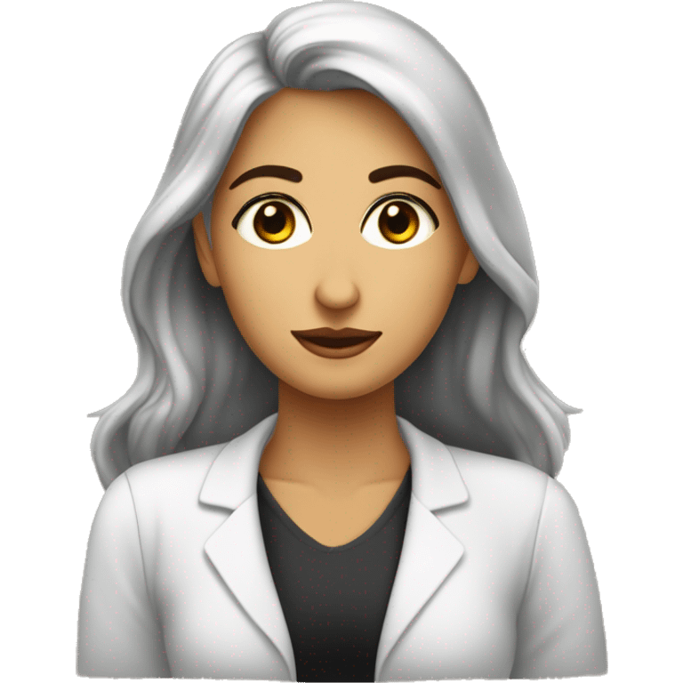 Crea un avatar de medio cuerpo de una psicóloga morena  con grandes ojos cafés, rostro delgado, cabello largo negro emoji