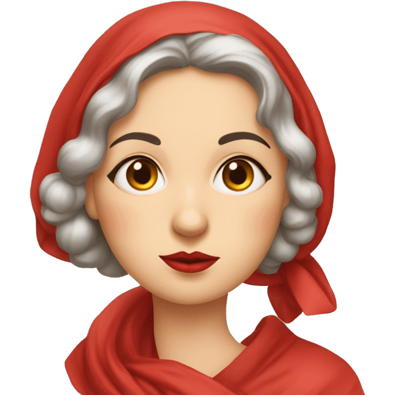 A 1940s Russian woman with a red handkerchief wrapped around her head. A stoic and serious expression is placed upon the woman’s face. Her finger is pressed to her lips, showing not to speak emoji