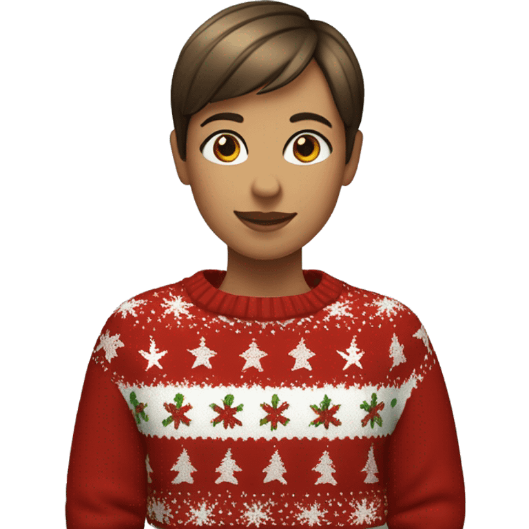 Girl with short brown pixie cut with brown eyes and a Christmas jumper on emoji