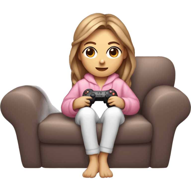 White girl with light brown hair wrapped up in a blanket sitting on a couch with a pink gaming controller in her hands emoji