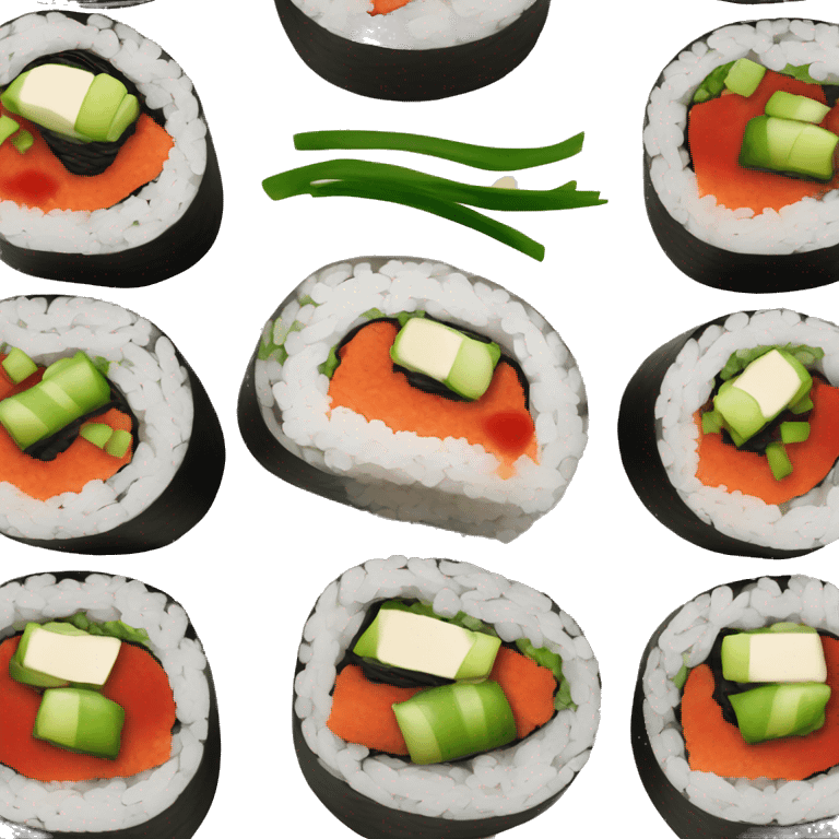 sushi roll with green onion and red sauce on top emoji