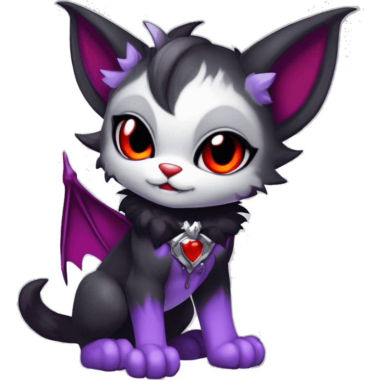 Anthro-Cute-Edgy-Cool-Vampiric-Batty-Cat-Black-Purple-Red-Grey-White-Contrast-Colors-Fantasy-Fur-Sona-Chibi-Shiny-Fakémon-Hybrid with horns and fangs and collar full body emoji