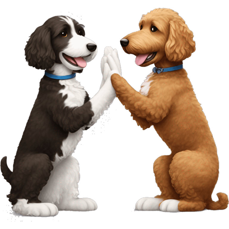 brown goldendoodle dog and black/white dog giving each other a high five emoji