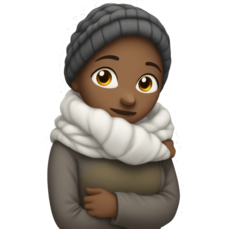 women who is very cold hugging herself to warm, with white face emoji