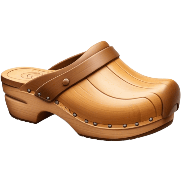 Cinematic Realistic Wooden Clogs Emoji, depicting the classic handcrafted footwear with a smooth, curved design and sturdy wooden soles, rendered with rich textures and warm, natural lighting. emoji