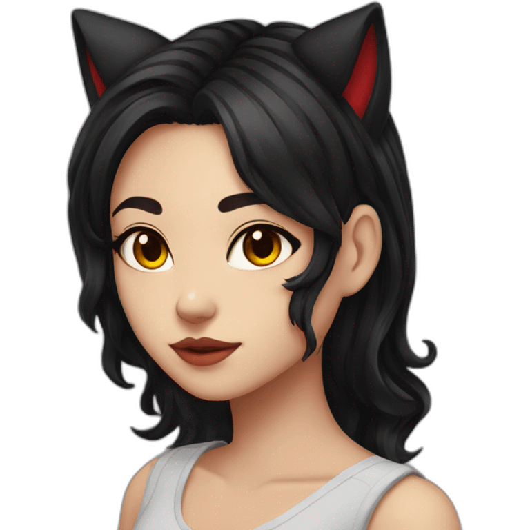 girl, cat ears, black hair, wavy hair, red eyes, black sclera emoji