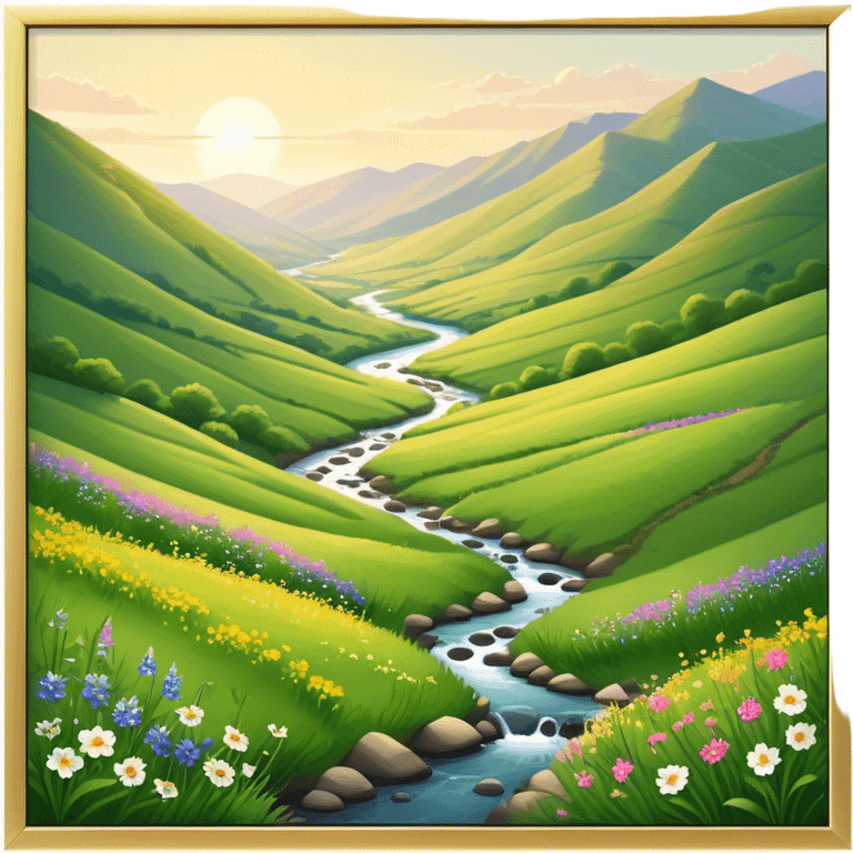 Cinematic Realistic Valley Emoji, Lush and serene, with gently sloping hills surrounding a vibrant green valley filled with wildflowers and a small stream. The soft, golden sunlight filters through the valley, casting peaceful, warm shadows across the landscape. Soft glowing outline, capturing the essence of natural peace and gentle beauty in a sprawling valley. emoji