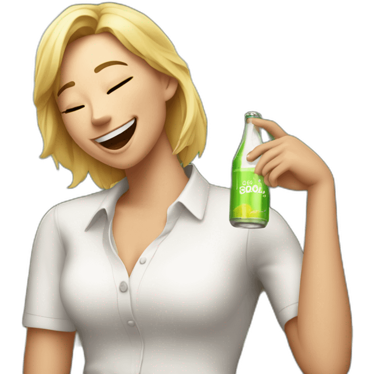 A blond student in a white shirt with a bottle of soda in an open pose laughs on a bench emoji