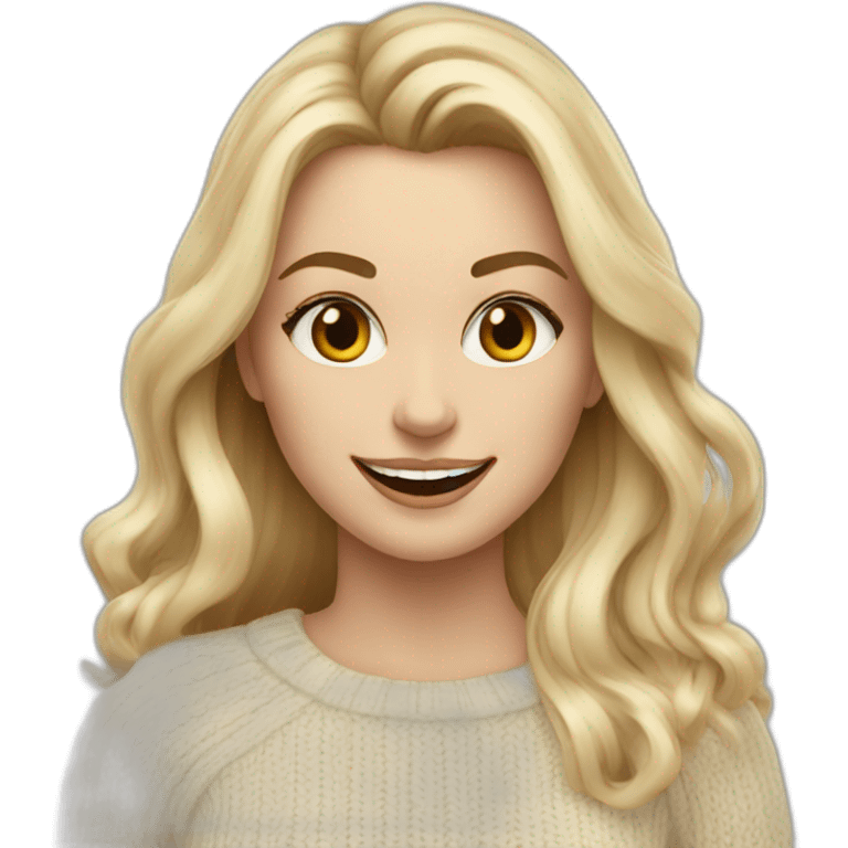 White women, long blonde balayage hair, evil smile, beige sweater emoji