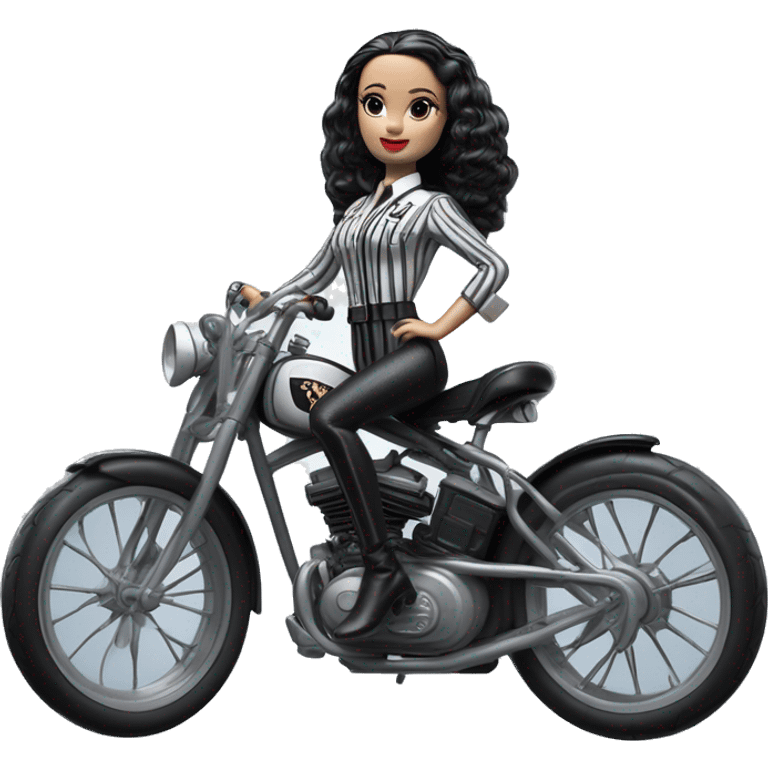 Jeffery New York Lingerie Barbie white Wednesday Addams from academy in vertically-striped gray and black officer’s uniform. Leaning back, riding a wheelie on a hot rod bike emoji