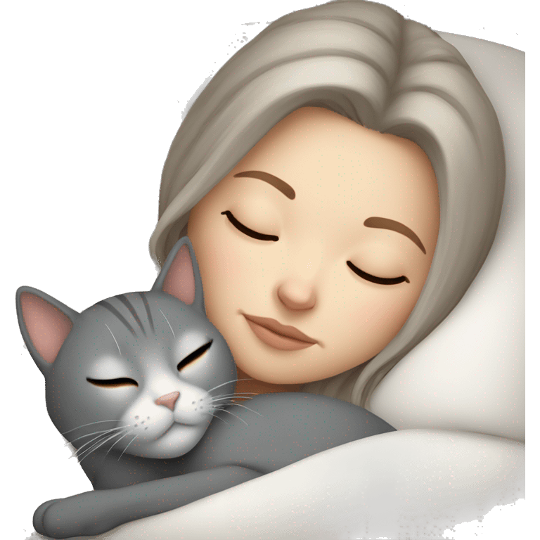 White girl sleeping with gray cat emoji