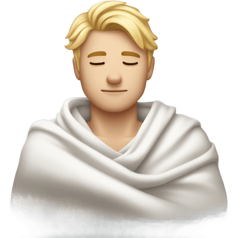 A handsome guy in his 20s with blond hair sleeps on his side with his eyes closed in a white T-shirt and a blanket emoji