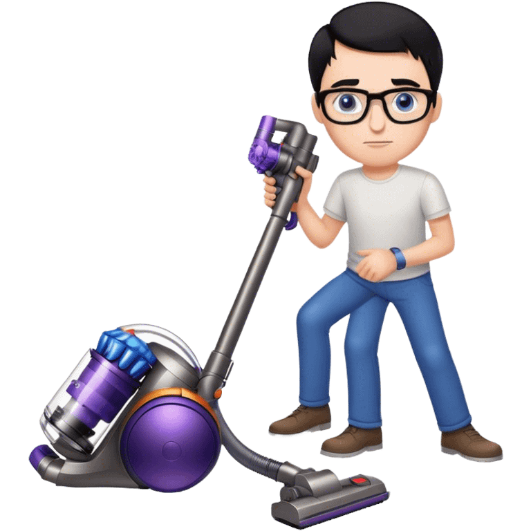 Man with black hair and blue eyes with glasses using a dyson on the floor emoji