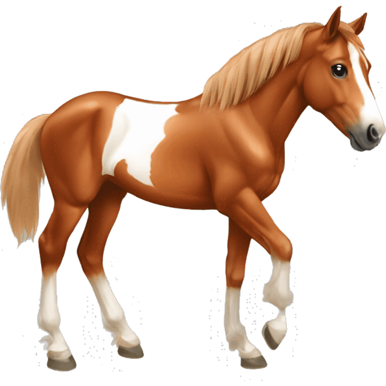 Chestnut horse with white, cheeky playful horse, young horse foal filly horse yearling playful trotting emoji