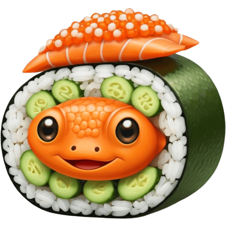 Cute Kawaii California Roll, tiny and round, cute layers of avocado, crab, and cucumber, wrapped in bright orange fish roe, a joyful winking face, tiny sesame seed freckles! emoji