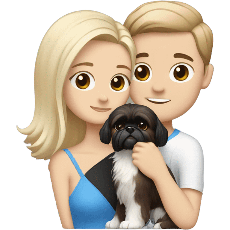 White man with blonde hair and blue eyes and woman with brown eyes and hair hugging with black and white shih tzu emoji