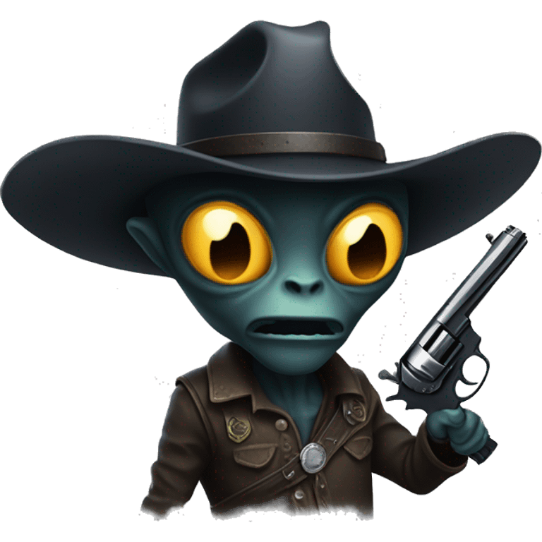 a dark hued alien holding a gun wearing a cowboyhat emoji