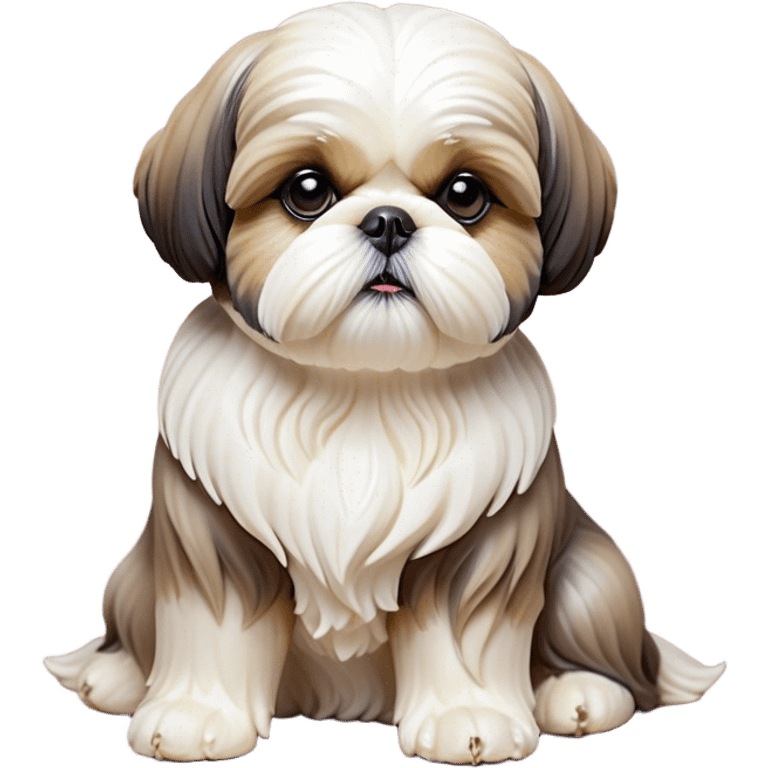 Cinematic Noble Shih Tzu Portrait Emoji, Poised and elegant, with a luxurious, flowing fur in refined muted tones, delicate features and wise, gentle eyes, simplified yet meticulously detailed, glowing with a soft, regal radiance, high shine, exuding quiet dignity and timeless charm, soft glowing outline, capturing the essence of a noble Shih Tzu that epitomizes refined poise! emoji