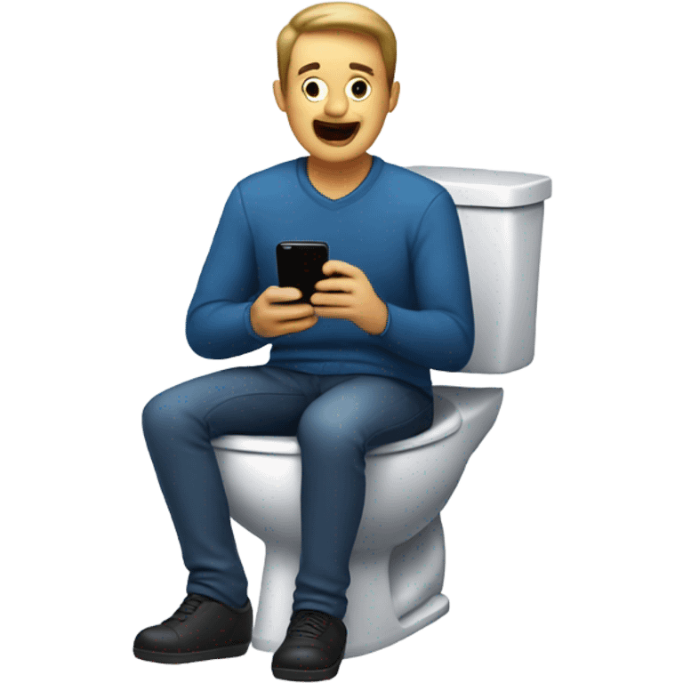 Man sitting on toilet with phone emoji