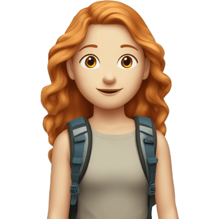 Ginger girl with volume straight hair and blue eyes on a summer hike in mountains  emoji