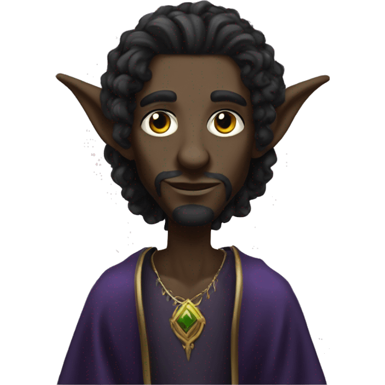  A black male high elf that is a witch fortune teller that has large, pointed ears with long black curly hair past his back emoji