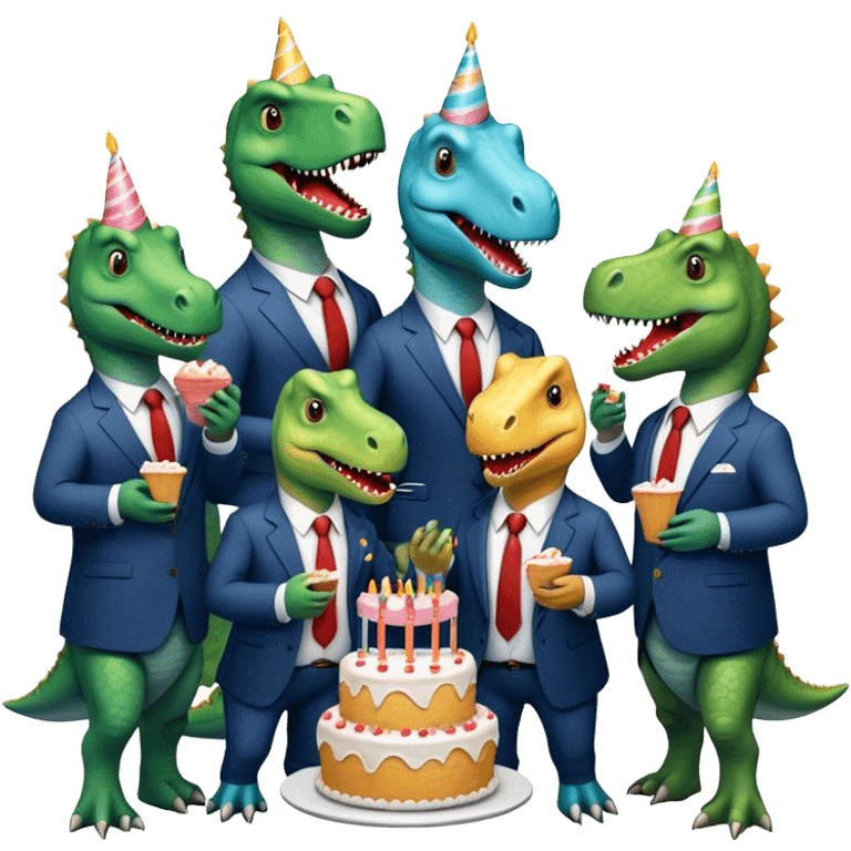 office dinosaurs in suits eating birthday cake emoji