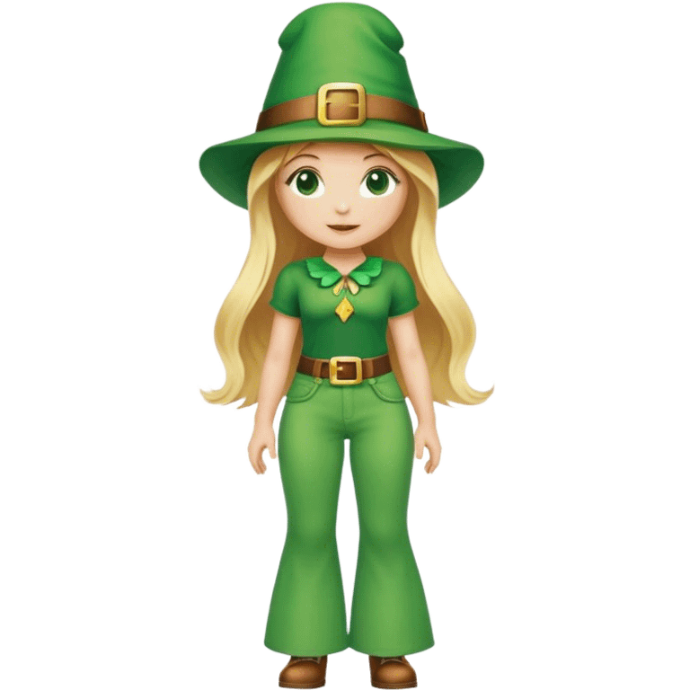 Blonde haired girl in green bell bottoms and leprechaun hat emoji