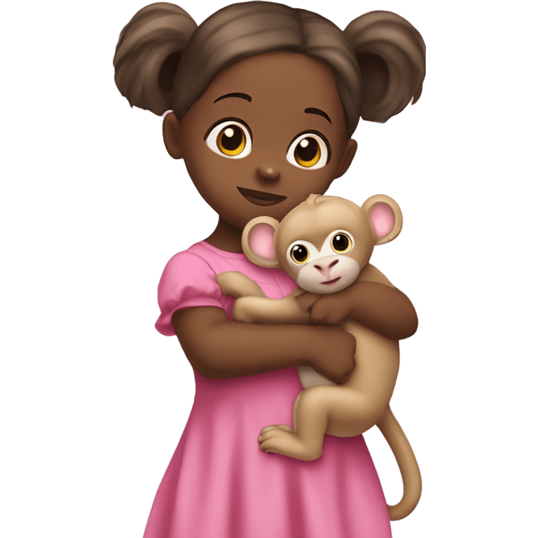 10 months old girl in a pink dress and ponny tail on top of her head with a monkey stuffed animal in her hands emoji