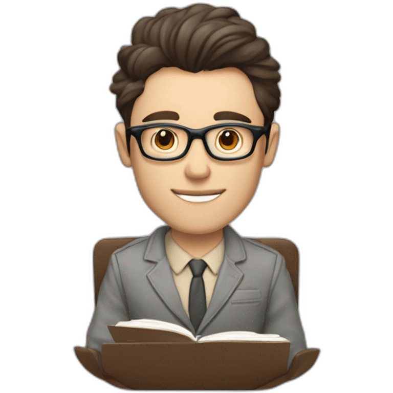 Pale skinned Fit Man With dark brown hair in gray jacket, beige office shirt and vintage glasses sitting In a soft chair with a notebook with emblem Ψ and a pen in his hands emoji