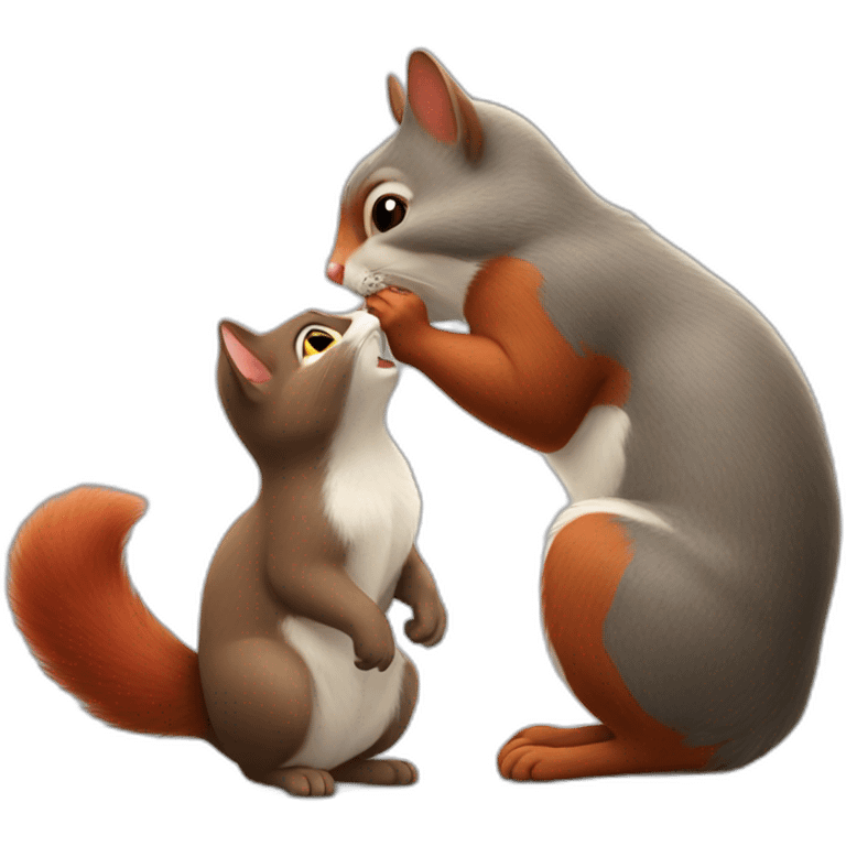 grey cat kisses a red squirrel emoji