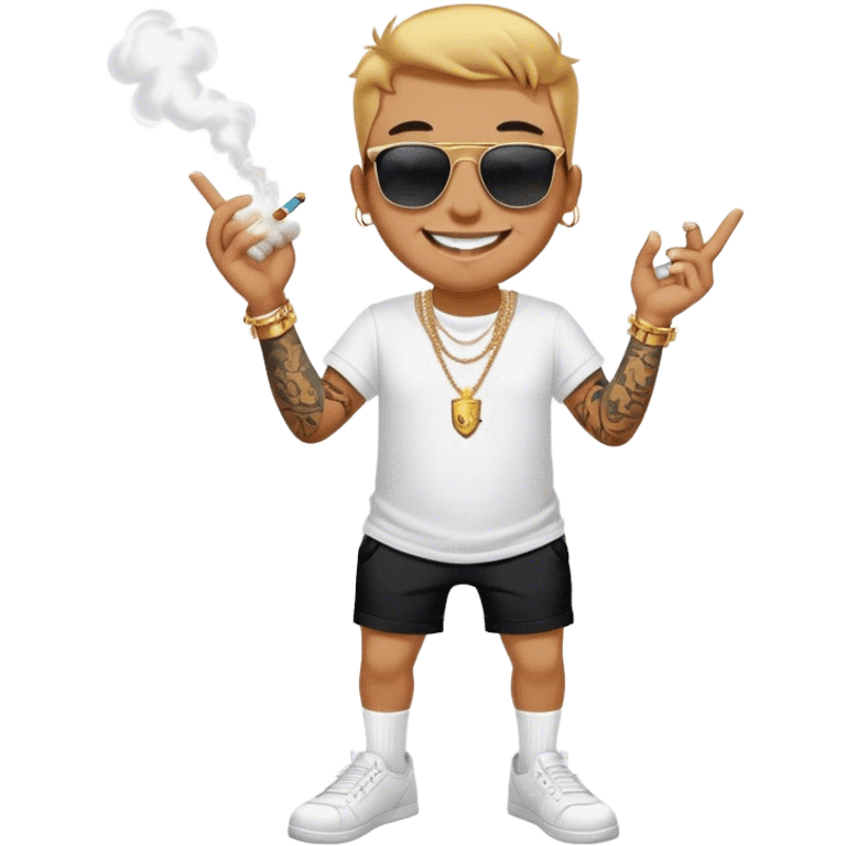 Fox standing, white t shirt, tattoos arms and legs, gold necklace, gold bracelets, big smile with gold teeth, smoking, dark sunglasses, black shorts white drawstring, white socks, emoji