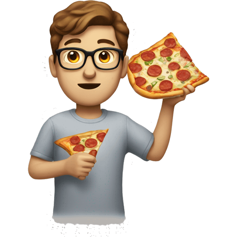 White nerd with brown hair eating pizza emoji